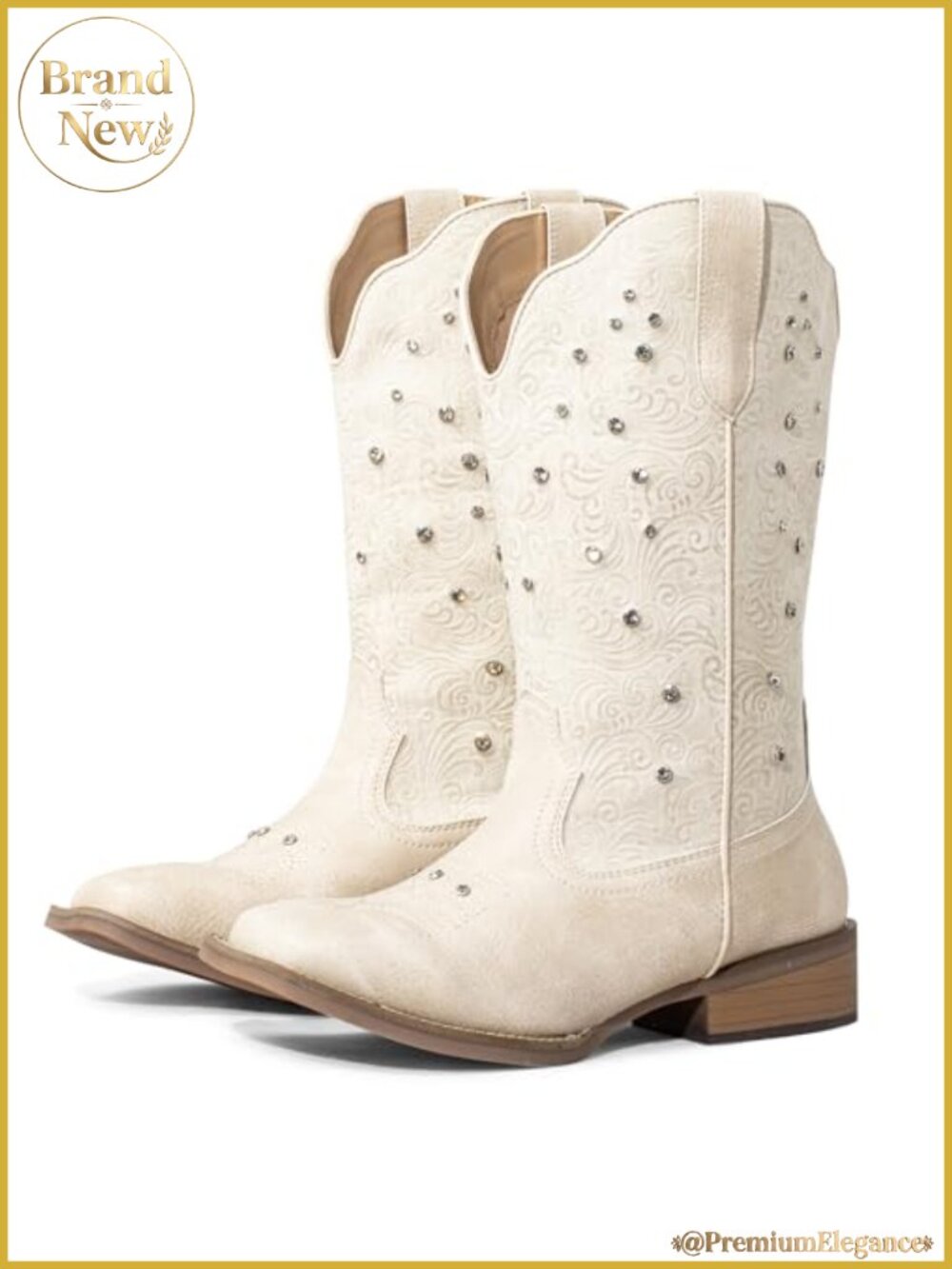 Extra Wide Calf Cowboy Boots Women Square Toe Rhinestone Mid-Calf Western
